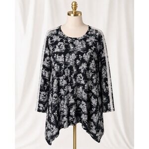 LOGO Lounge‎ Floral Print French Terry Toile Crochet Trim Pockets Black Size 3X
